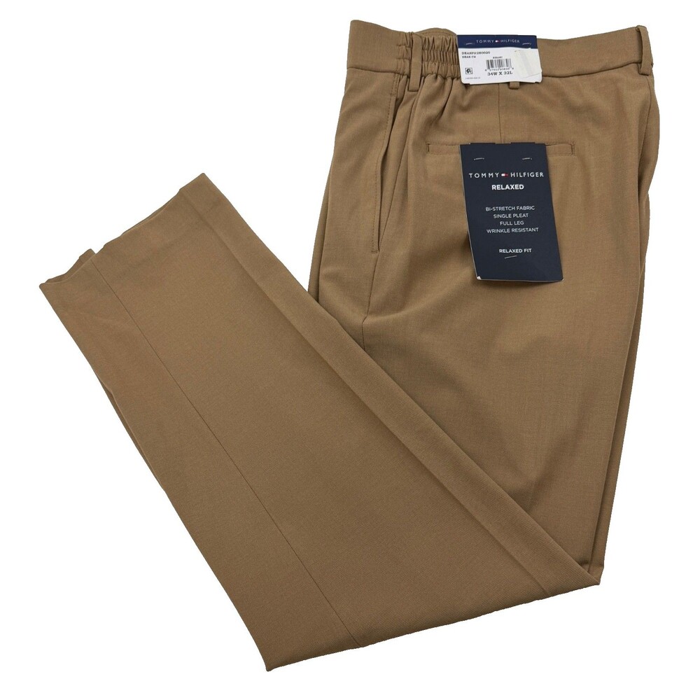 $95 NEW TOMMY HILFIGER MENS 34X32 KHAKI COLOR RELAXED TROUSER DRESS PANTS SLACKS
